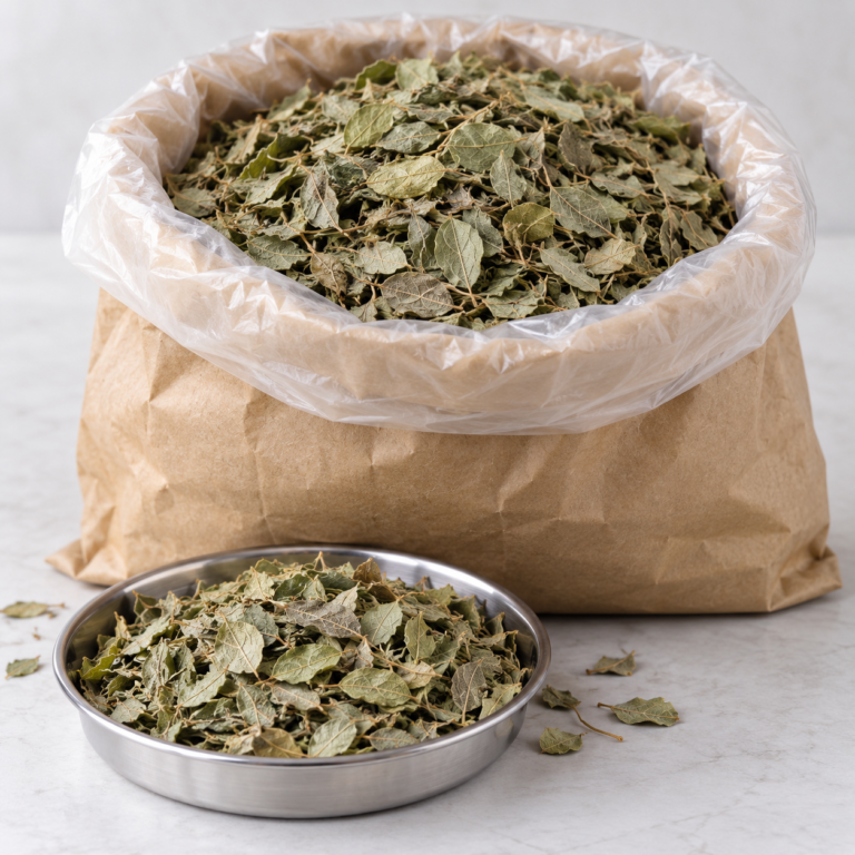 Dried Guiera senegalensis leaves in kraft sack, Guiera (Nger) from Senegal
