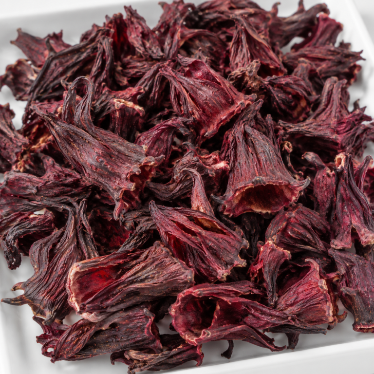Dried Hibiscus Calyces on White Tray, Red Hibiscus (Bissap) from Senegal