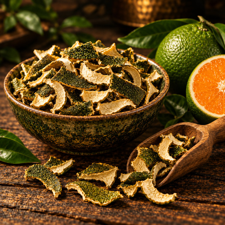 Dried green orange peel in rustic bowl, Green Orange Peel from Senegal