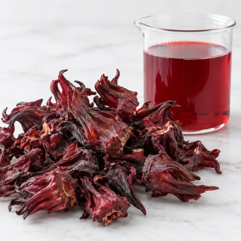 Dried hibiscus calyces and crimson infusion, Red Hibiscus (Bissap) from Senegal