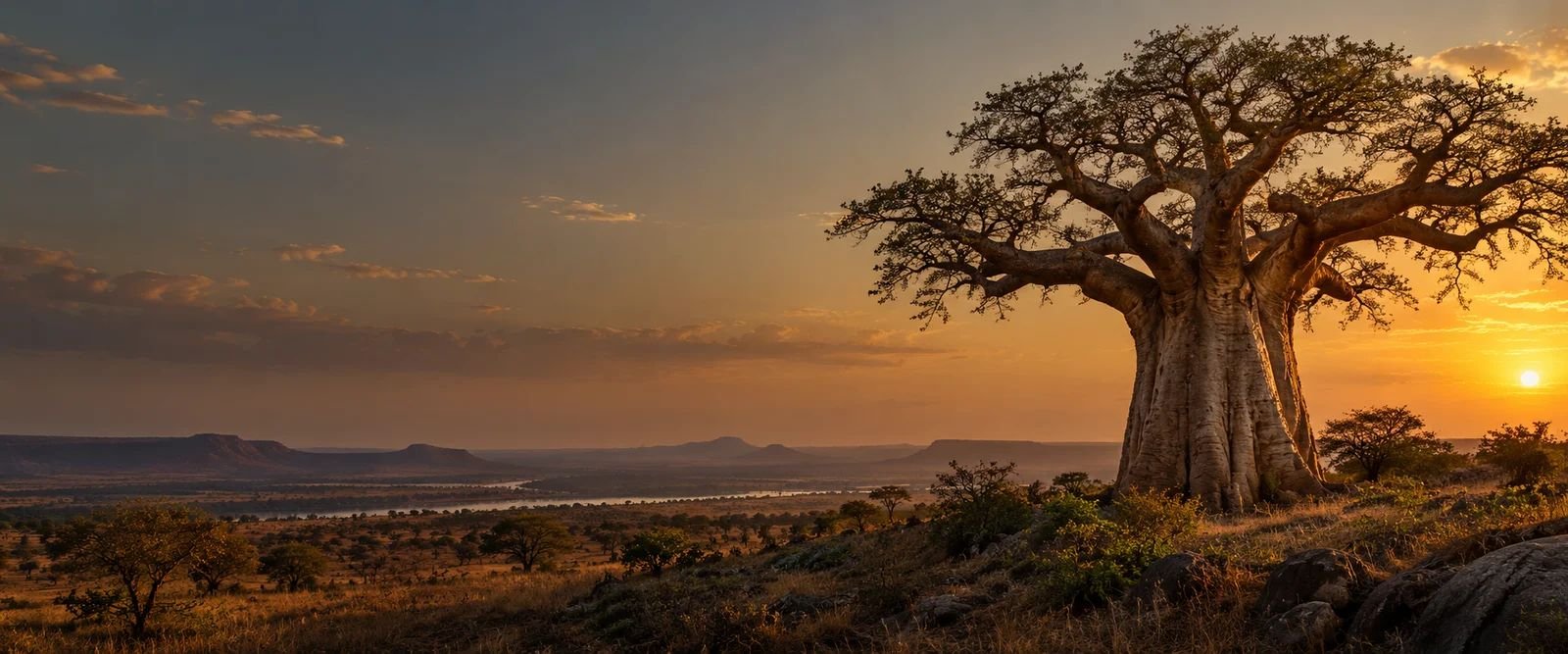 Baobab tree at golden hour in the Senegalese savanna